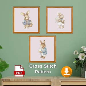 Bunny Cross Stitch Pattern Set PDF, Cute Spring Rabbits Embroidery Design, Digital Download for Nursery Decor, Easter or Baby Gift Idea