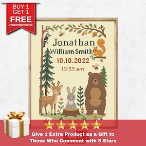 Patrón de punto de cruz para anuncio de nacimiento de animales del bosque (PDF), diseño de regalo para baby shower con temática de bosque, gráfico fácil de hacer para decorar el hogar y el bebé.