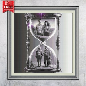 May include: Framed artwork showing an hourglass with two couples inside, representing different life stages. The top couple is younger, the bottom couple is older. The artwork is in grayscale with a Buy 1 Get 1 Free offer.
