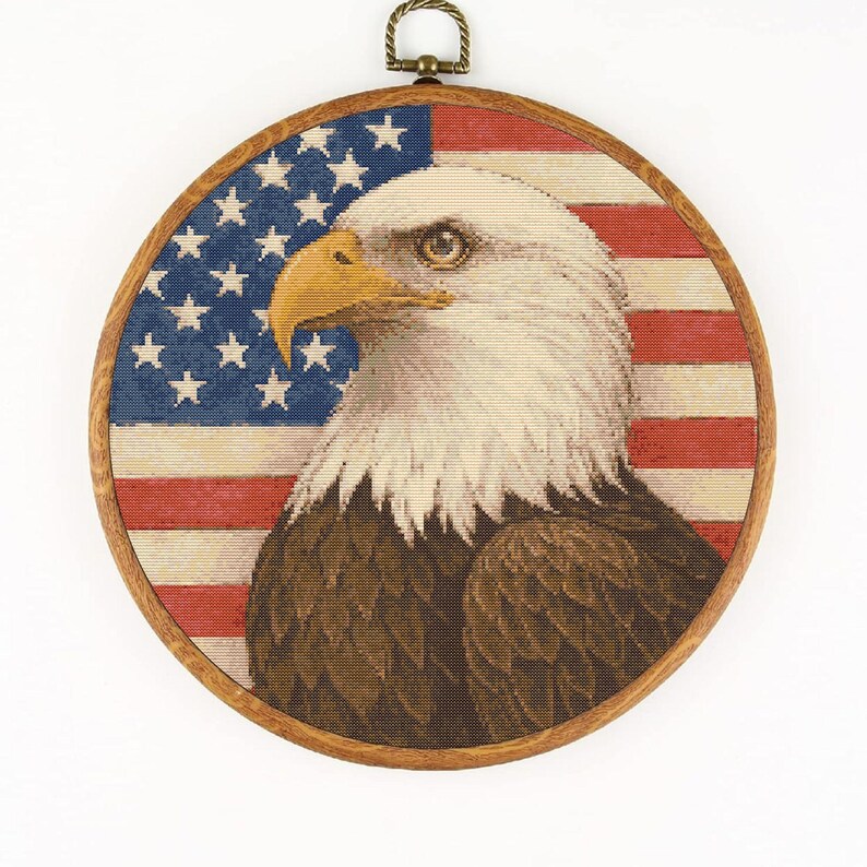 bald eagle cross stitch pattern with USA flag background, patriotic embroidery PDF for 4th of July decor