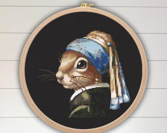 Squirrel with Pearl Earring Cross Stitch Pattern: Funny Animal Art (Digital PDF)