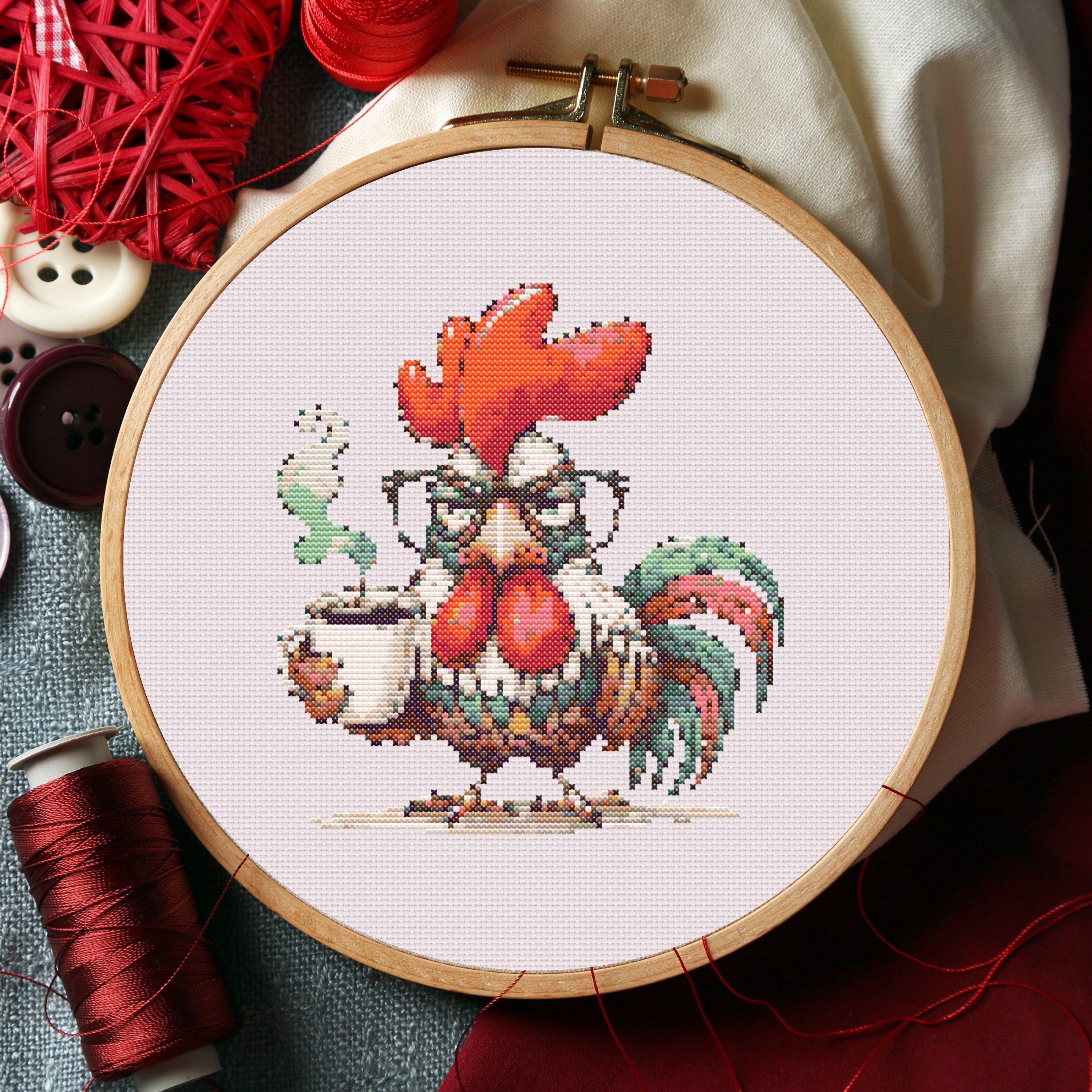 Rooster Cross Stitch Pattern, Funny Coffee Drinking Chicken