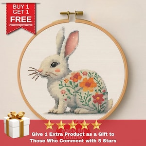 Floral Bunny Cross Stitch Pattern: Cottagecore Spring Rabbit (PDF Pattern)