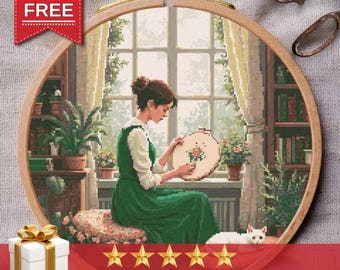Girl Embroidering Cross Stitch Pattern: Cozy Home Scene (PDF Download, SVG Files Included