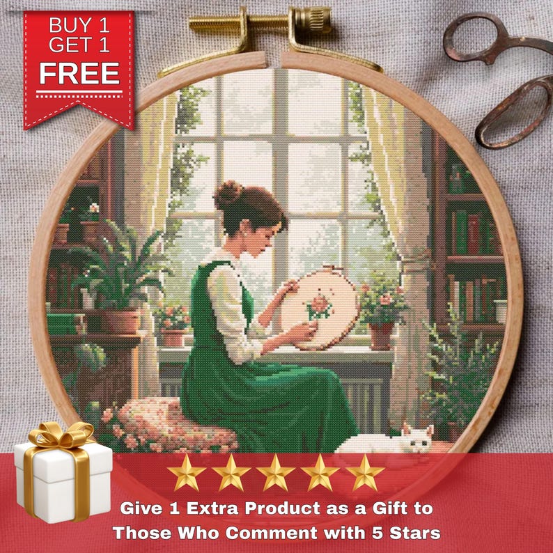 girl embroidering by window cross stitch pattern, cozy room with cat and plants, peaceful handmade home scene