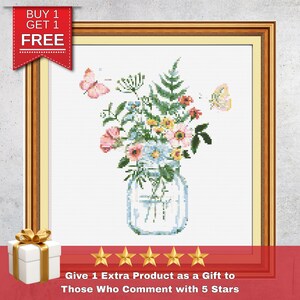 Wildflower Jar Cross Stitch Pattern PDF, Rustic Vintage Floral Embroidery Chart, Retro DIY Bouquet Design