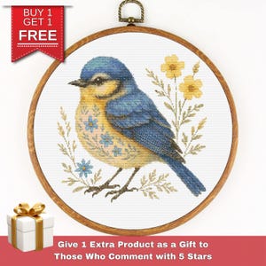 Blauw gele vogel kruissteekpatroon, bloemen borduurring Art Design, instant pdf-download voor natuurdecor, doe-het-zelfcadeau voor haar