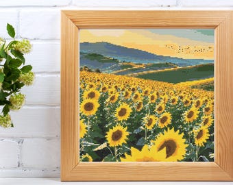 ひまわり畑のクロスステッチパターン、デジタル刺繍風景、田舎の夏の