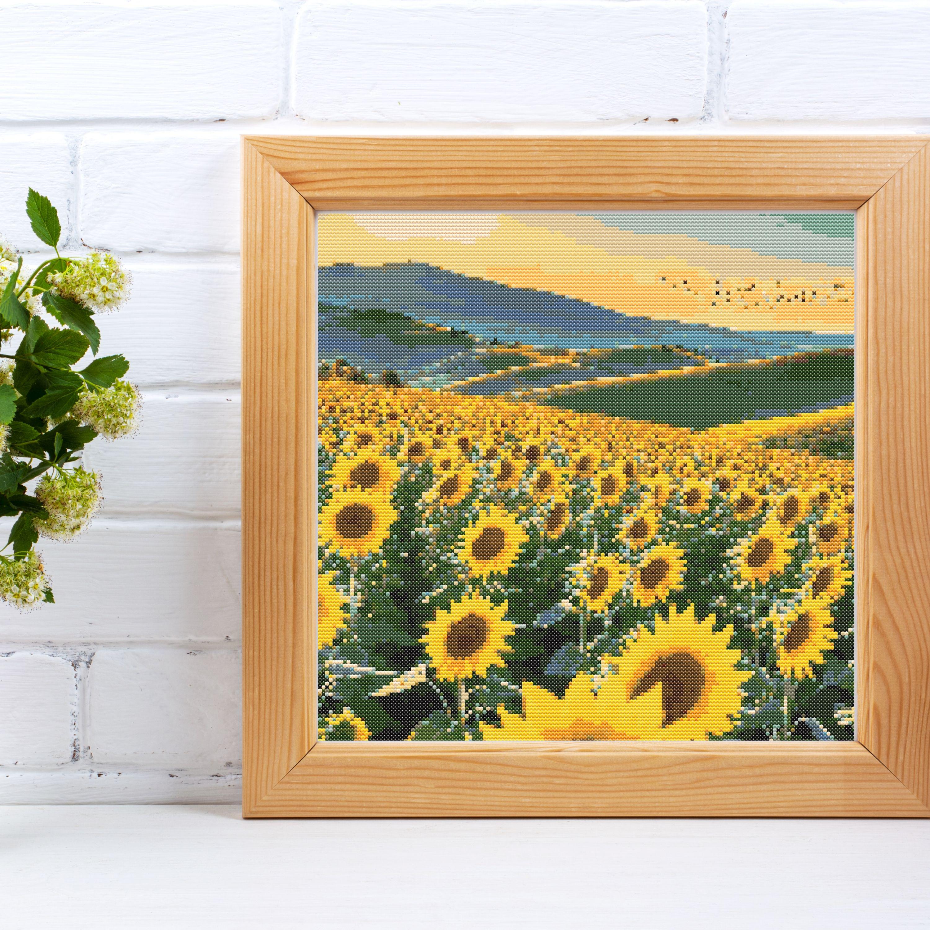 ひまわり畑のクロスステッチパターン、デジタル刺繍風景、田舎の夏の