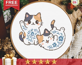 かわいい猫のクロスステッチパターン：ミニサイズの日本の猫（PDF