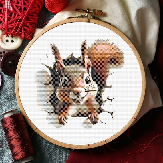 面白いリスのクロスステッチパターン：3D壁穴刺繍（PDFダウンロード