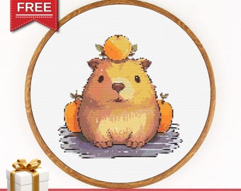 Capybara Cross Stitch Pattern – Cute Kawaii Animal with Fruits (PDF)