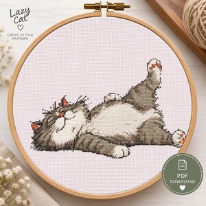Sleeping Cat Cross Stitch Pattern, Cute Lazy Kitty Embroidery PDF, Cozy Animal Needlework