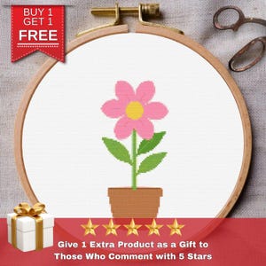 Pode incluir: Uma flor rosa com um centro amarelo em um vaso marrom. A flor está em um fundo branco. A imagem inclui o texto "BUY 1 GET 1 FREE".
