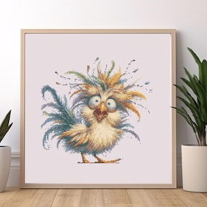 May include: A cross-stitch pattern of a cartoon bird with a surprised expression. The bird has a yellow body, blue and green feathers, and large, round eyes.