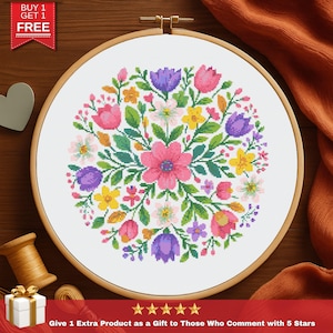 Bloemen mandala kruissteekpatroon, kleurrijke bloem borduurwerk pdf, lente hoepel kunst design, digitale download voor 14 kt Aida