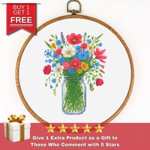 Padrão de ponto cruz para jarra de flores silvestres, gráfico de buquê floral vintage para amantes de bordados rústicos, design instantâneo em PDF