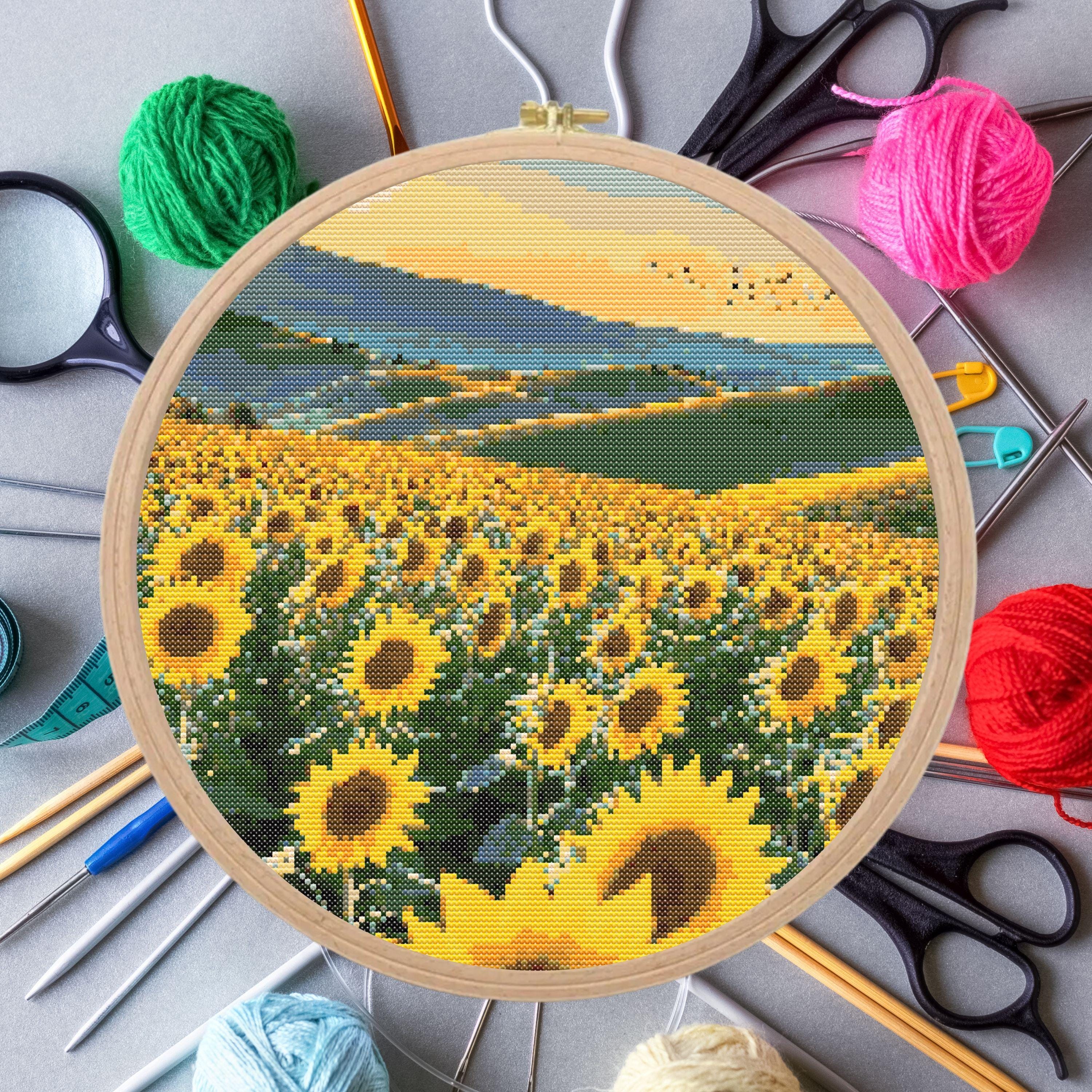 ひまわり畑のクロスステッチパターン、デジタル刺繍風景、田舎の夏の