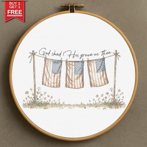 Patriotic Laundry Cross Stitch Pattern, God Shed His Grace Quote PDF, Farmhouse Americana Embroidery, Vintage Flag Decor, Digital Download