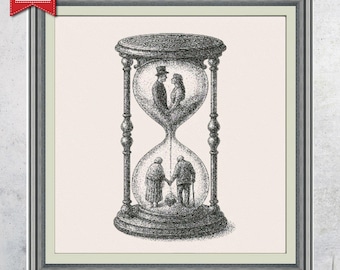 Tijdloos zandloper-kruissteekpatroon pdf, zwart-wit Young Old Romantic Love-borduurontwerp