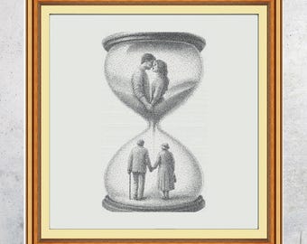Schema per punto croce "Clessidre romantica", amore tra giovani e anziani (PDF)