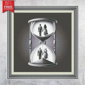May include: Framed artwork featuring an hourglass design with two couples holding hands, representing the passage of time. The top couple is younger, the bottom couple older. The artwork is in grayscale with a dark background.