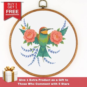 Kleurrijke vogel kruissteekpatroon, bloemen borduurwerk pdf-ontwerp, instant download DIY natuur hoepelkunst voor woondecoratie, cadeau voor haar