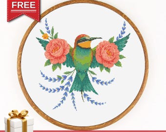 Colorful Bird Cross Stitch Pattern PDF – Floral Embroidery Design