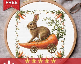 Primitive Bunny Cross Stitch Pattern: Hare in Carrot Carriage (PDF Pattern)