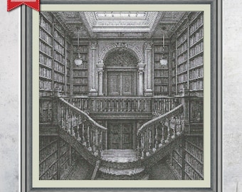 Patrón de punto de cruz para biblioteca: Bordado de sala de libros vintage (Descargar PDF)