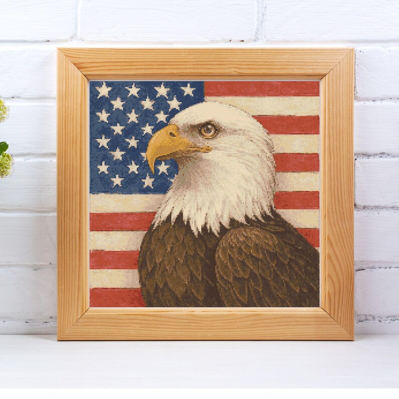 bald eagle cross stitch pattern with USA flag background, patriotic embroidery PDF for 4th of July decor