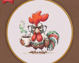 Rooster Cross Stitch Pattern, Funny Coffee Drinking Chicken Embroidery PDF Digital Download