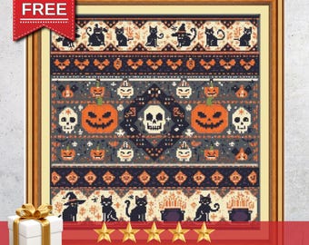 Wzór haftu krzyżykowego na Halloween: koty, dynie, symbole czarownic (do pobrania w formacie PDF)