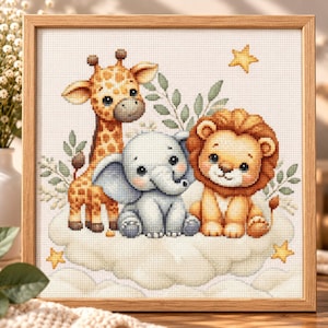 Modèle de point de croix Animaux de safari, Lion, Éléphant, Girafe, Décoration de chambre d'enfant, Broderie animale PDF