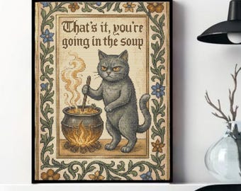 Funny Cat Cross Stitch Pattern, Gothic Witch Kitchen Art, Vintage Sampler (PDF Download)