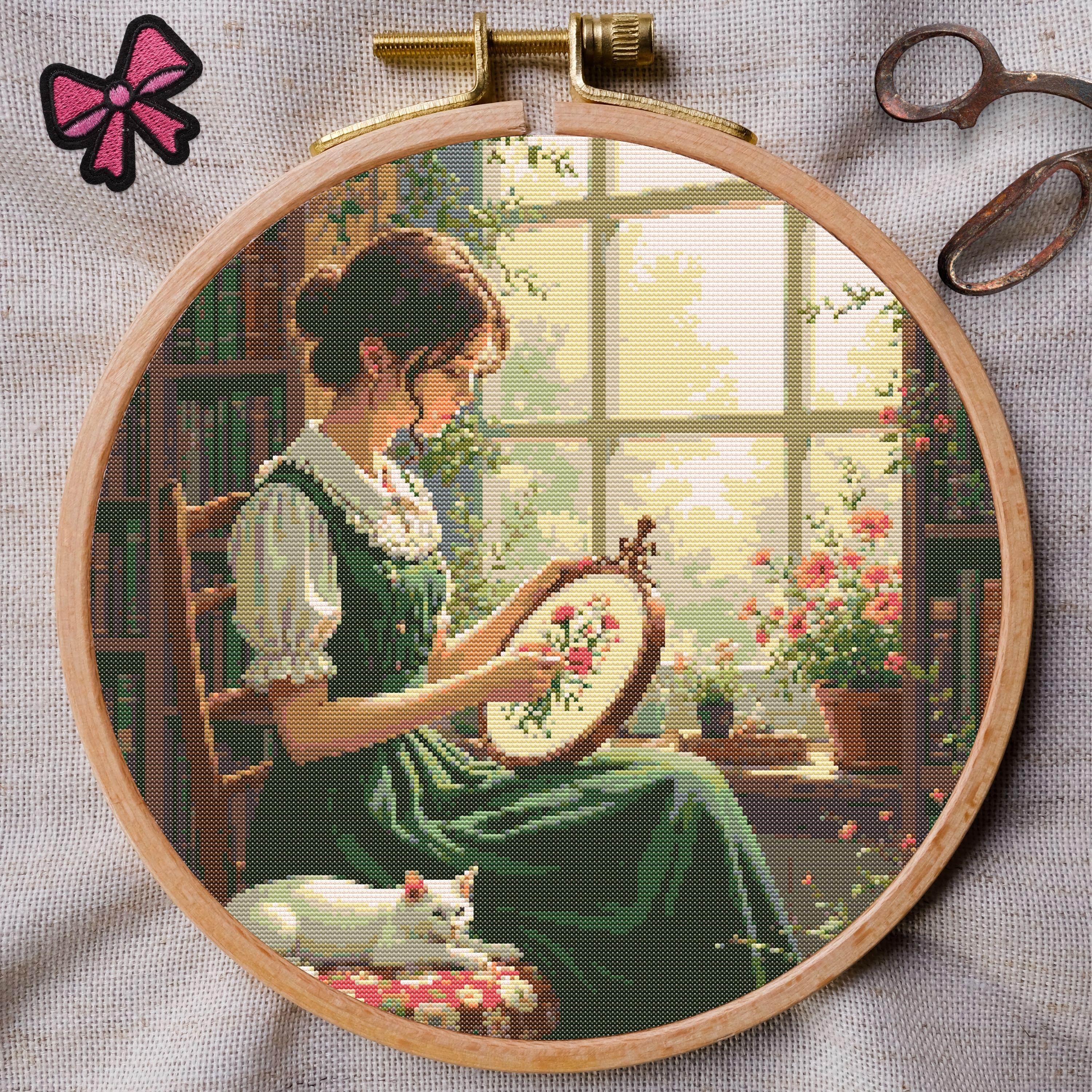 アンティーク英国手織リネン クロスステッチ薔薇花籠刺繍 アンティーク英国手織リネン クロスステッチ薔薇花籠刺繍