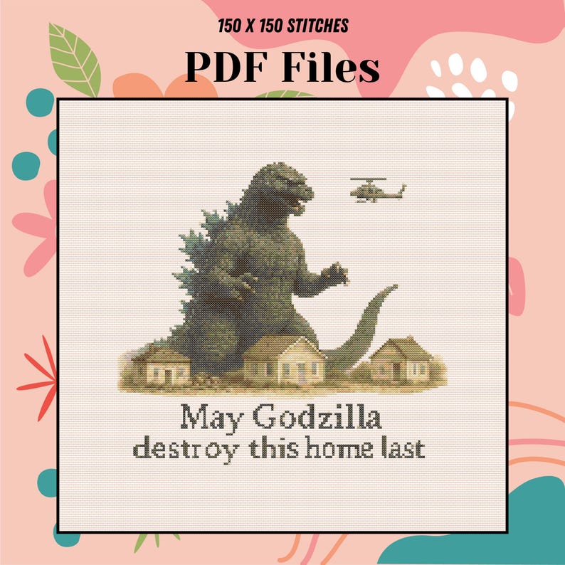 Funny Godzilla Cross Stitch Pattern: Geeky Home Decor (PDF Downloadable ...