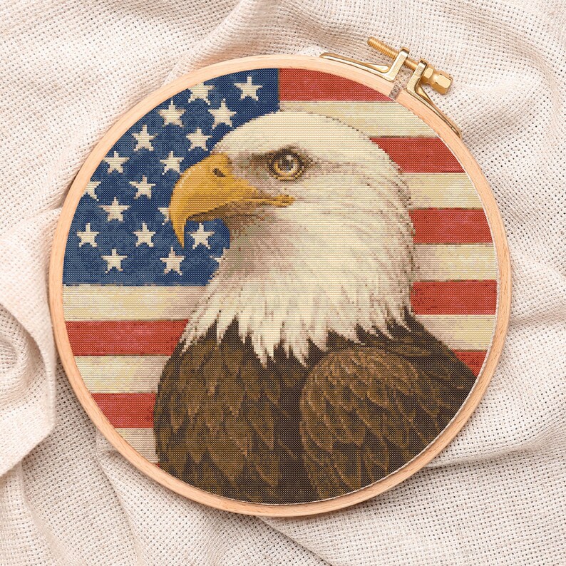 bald eagle cross stitch pattern with USA flag background, patriotic embroidery PDF for 4th of July decor