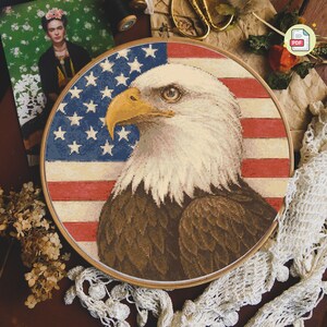 bald eagle cross stitch pattern with USA flag background, patriotic embroidery PDF for 4th of July decor