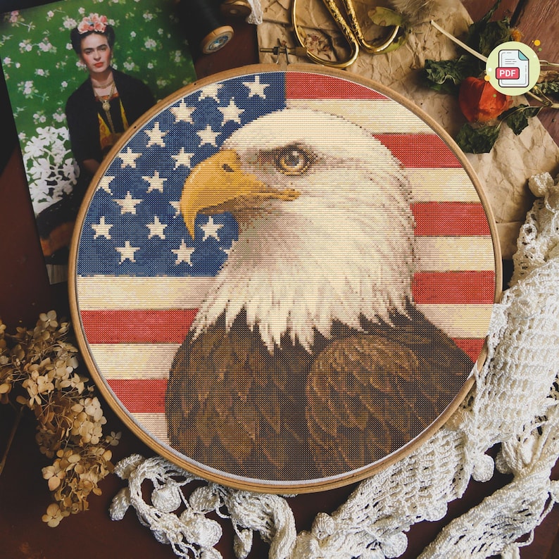 bald eagle cross stitch pattern with USA flag background, patriotic embroidery PDF for 4th of July decor