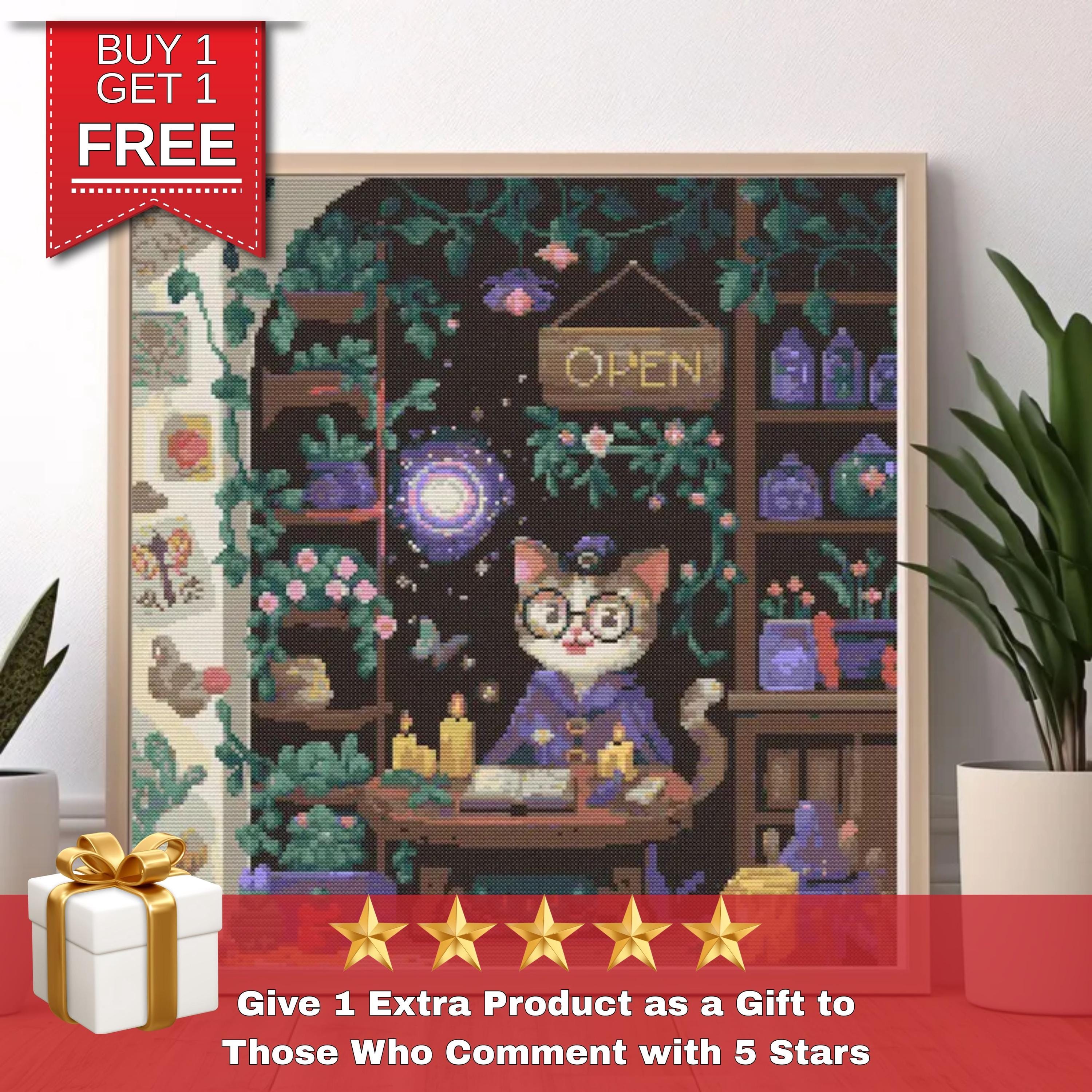 Herbalist Cat Cross Stitch Pattern: Botanical Witchcraft Embroidery (PDF)