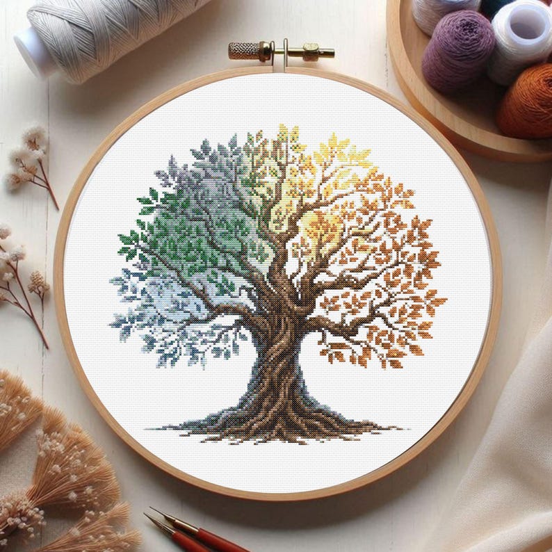Four Seasons Tree Cross Stitch Pattern, Nature Embroidery Design ...