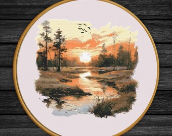 Vintage Sunset Lake Cross Stitch Pattern, Forest Reflection