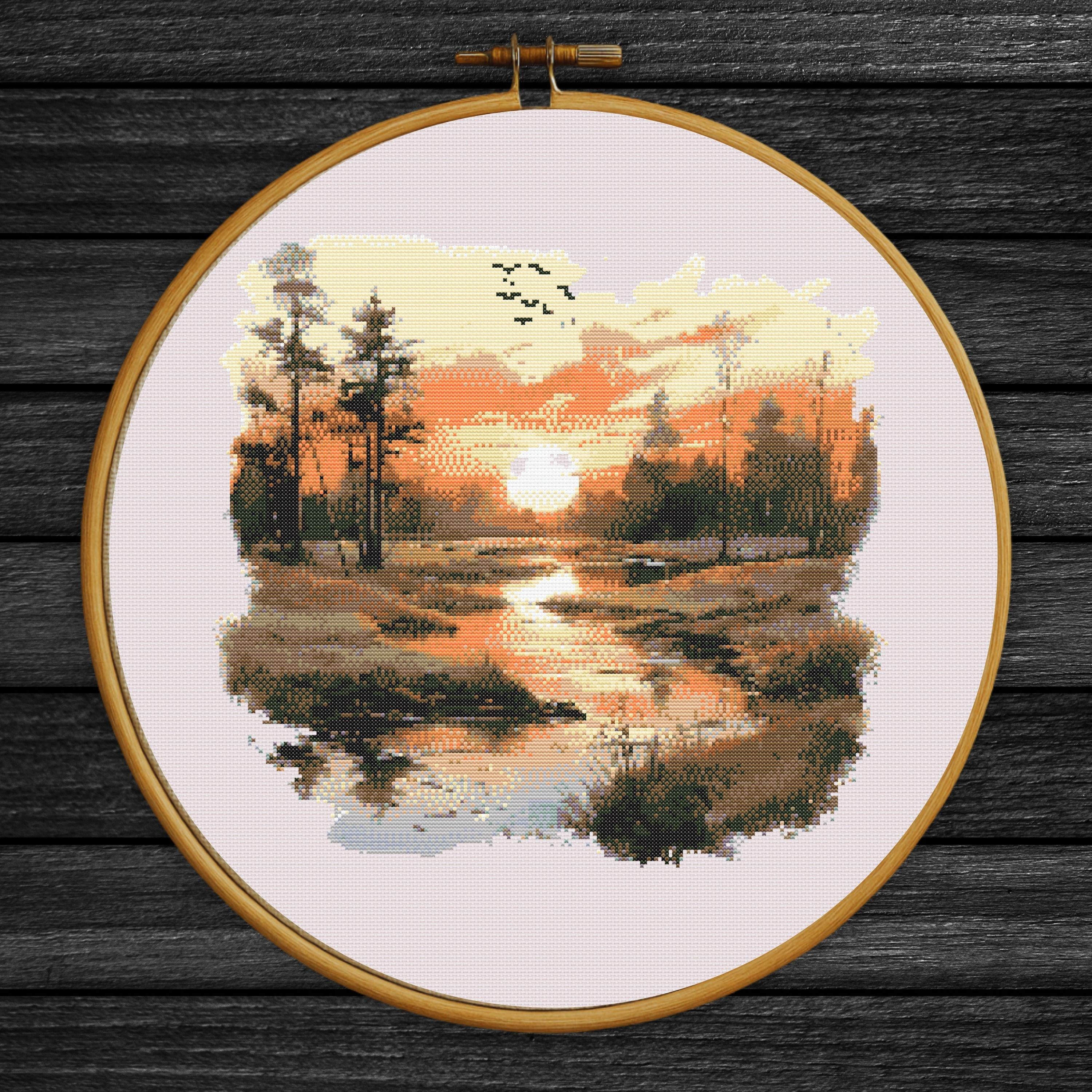 ダイヤモンドアートクラブ sunset crossing Vintage Sunset Lake Cross Stitch Pattern, Forest Reflection