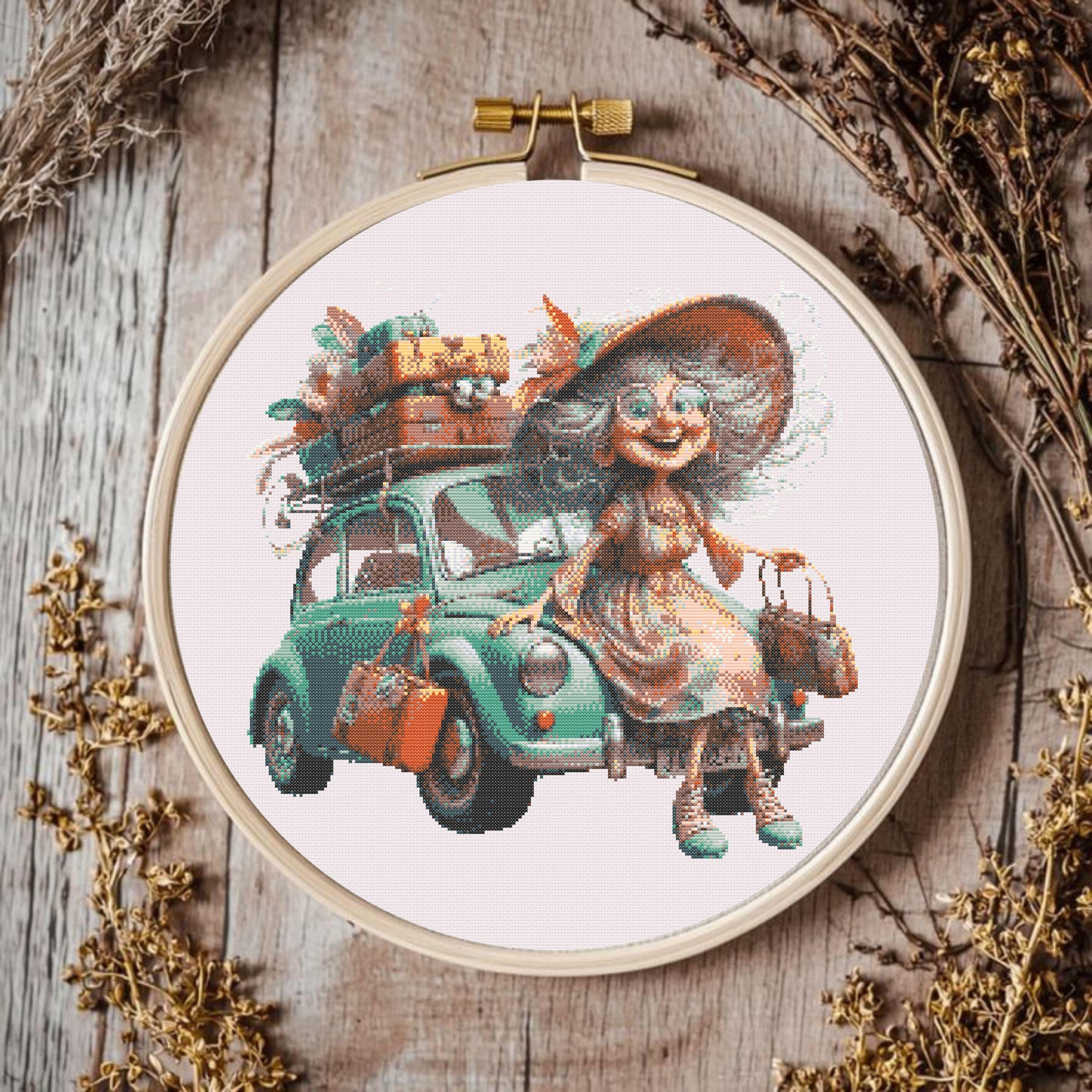 ベトナム刺繍絵　Lifestyle of the Countryside Vintage Travel Lady Cross Stitch Pattern, Retro Car Embroidery PDF