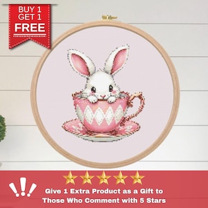 Bunny In The Cup Cross Stitch Pattern PDF, Cute Rabbit Embroidery Chart, Instant Download For Easy Stitching