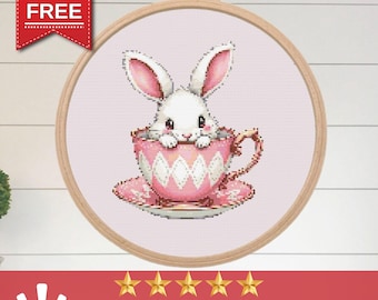 Bunny In The Cup Cross Stitch Pattern PDF, Cute Rabbit Embroidery Chart, Instant Download For Easy Stitching
