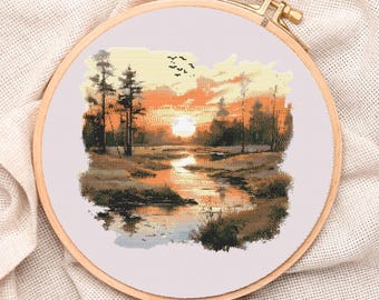 Vintage Sunset Lake Cross Stitch Pattern, Forest Reflection
