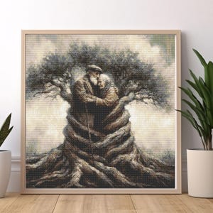 Old Couple Tree Modern Cross Stitch, Romantic Anniversary Embroidery, Vintage Roots Needlepoint Art Digital Chart