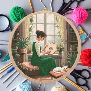 girl embroidering by window cross stitch pattern, cozy room with cat and plants, peaceful handmade home scene